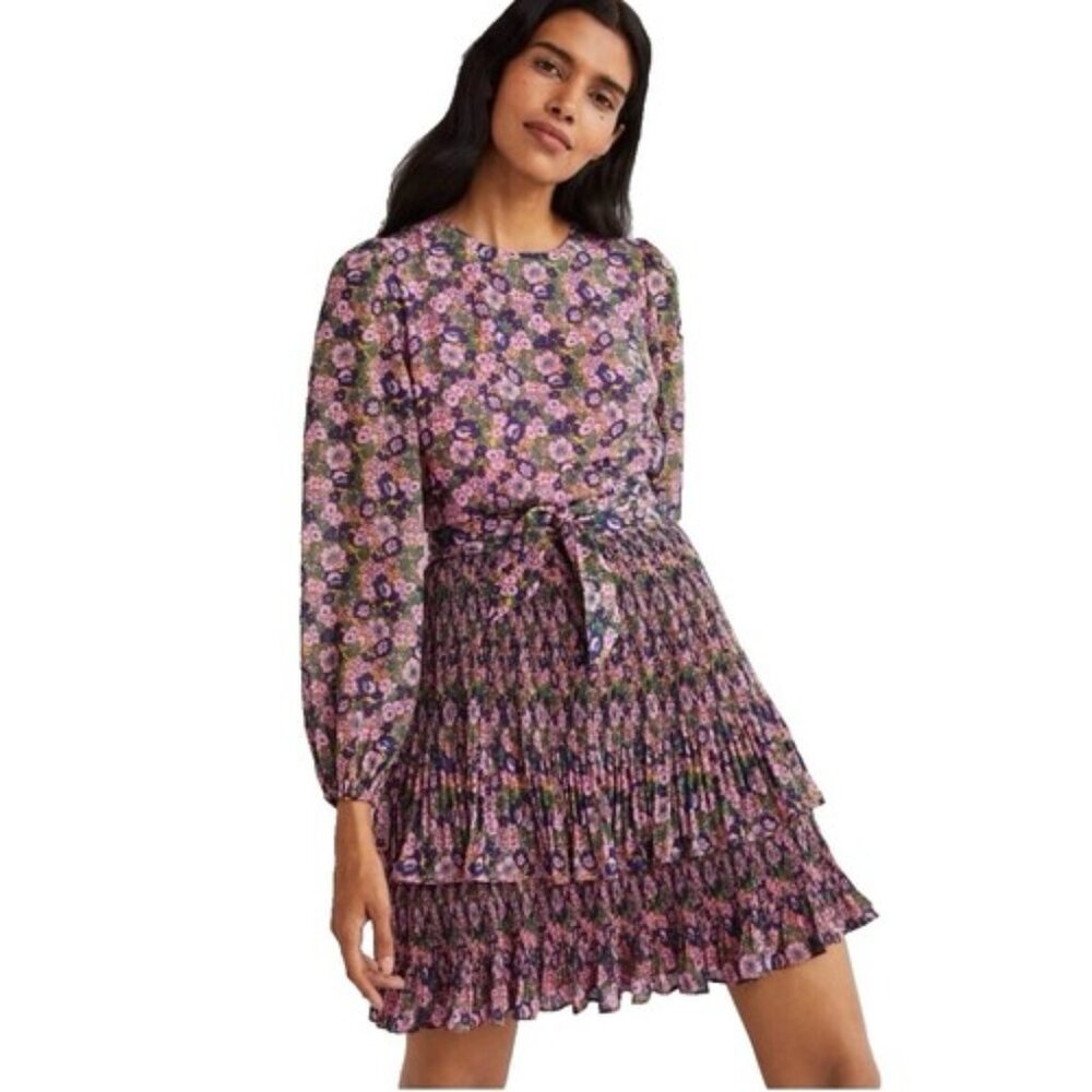 NWT Boden Plisse Pleated Skirt Dress Pink Floral Size 2 US